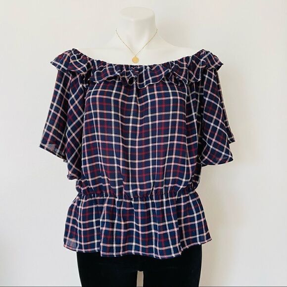 New York & Company Off Shoulder Plaid Peplum top - Picture 1 of 4